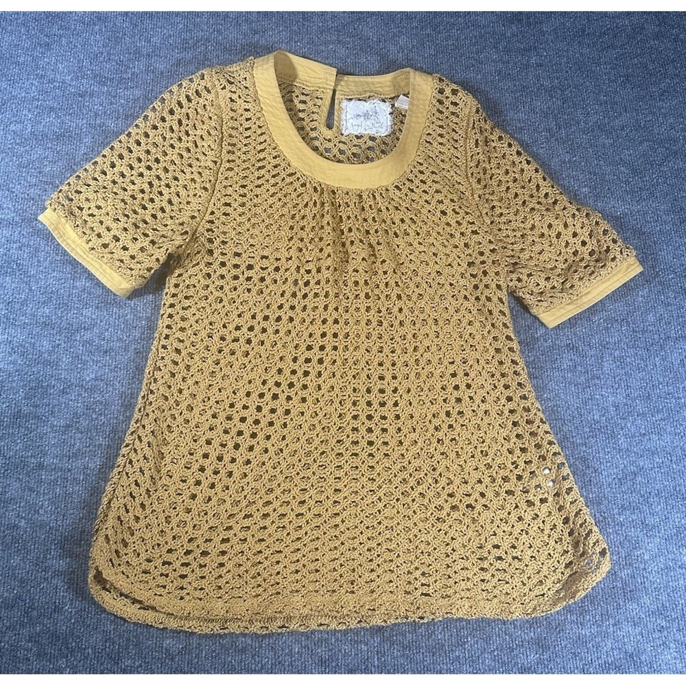 Angel Of The North Yellow Crochet Top Womens Medium Blouse SS Anthropologie EUC
